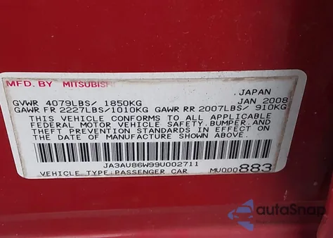 2009 Mitsubishi Lancer Gts z USA, uszkodzony, nr VIN JA3AU86W99U002711